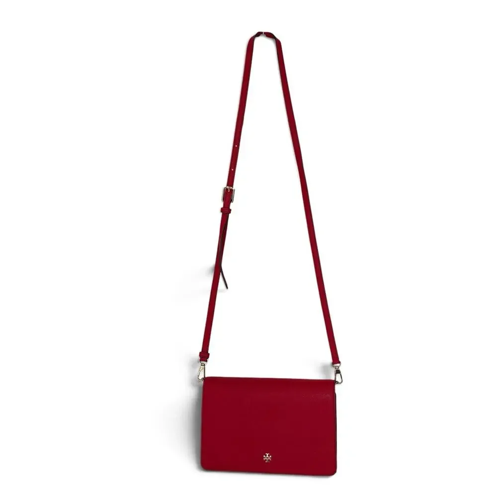 TORY BURCH Leather Crossbody Bag with Gold Hardware - Poppy Red Color